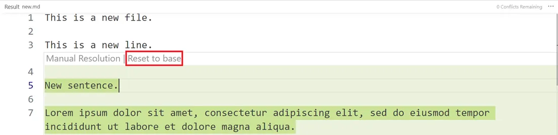 Reset to base option in the Result box in Merge Editor