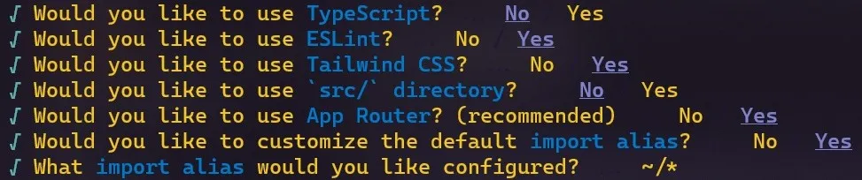 create next-app prompts on terminal