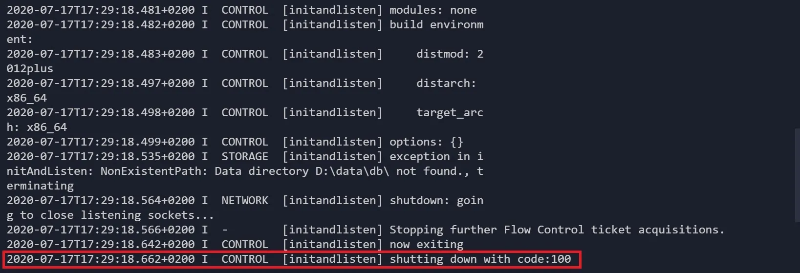 mongod shutting down with code 100