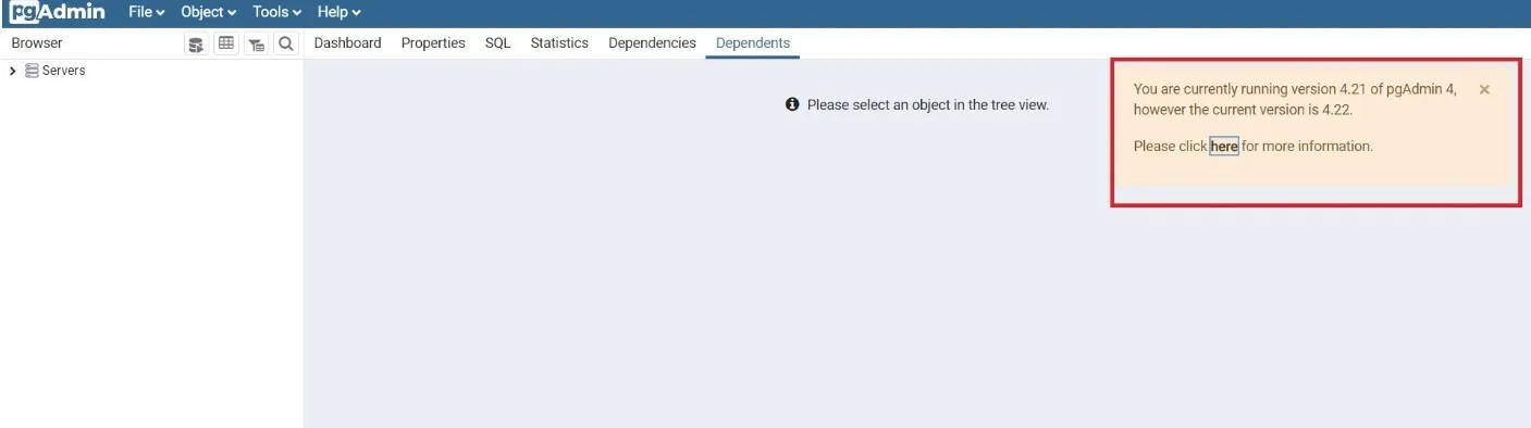 pgAdmin 4 version message