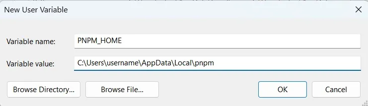 Edit environment variable dialog box on Windows