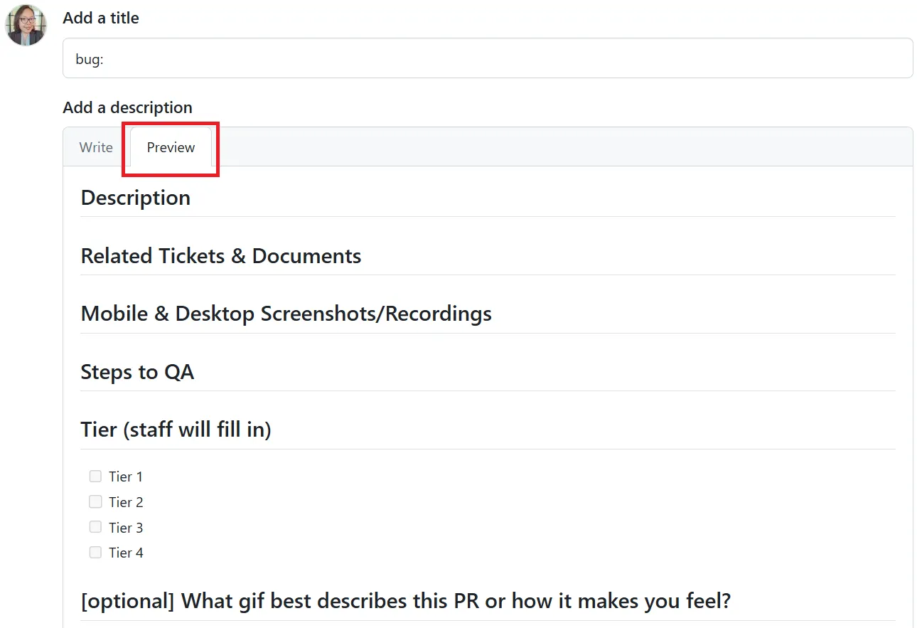 Preview mode GitHub issue form