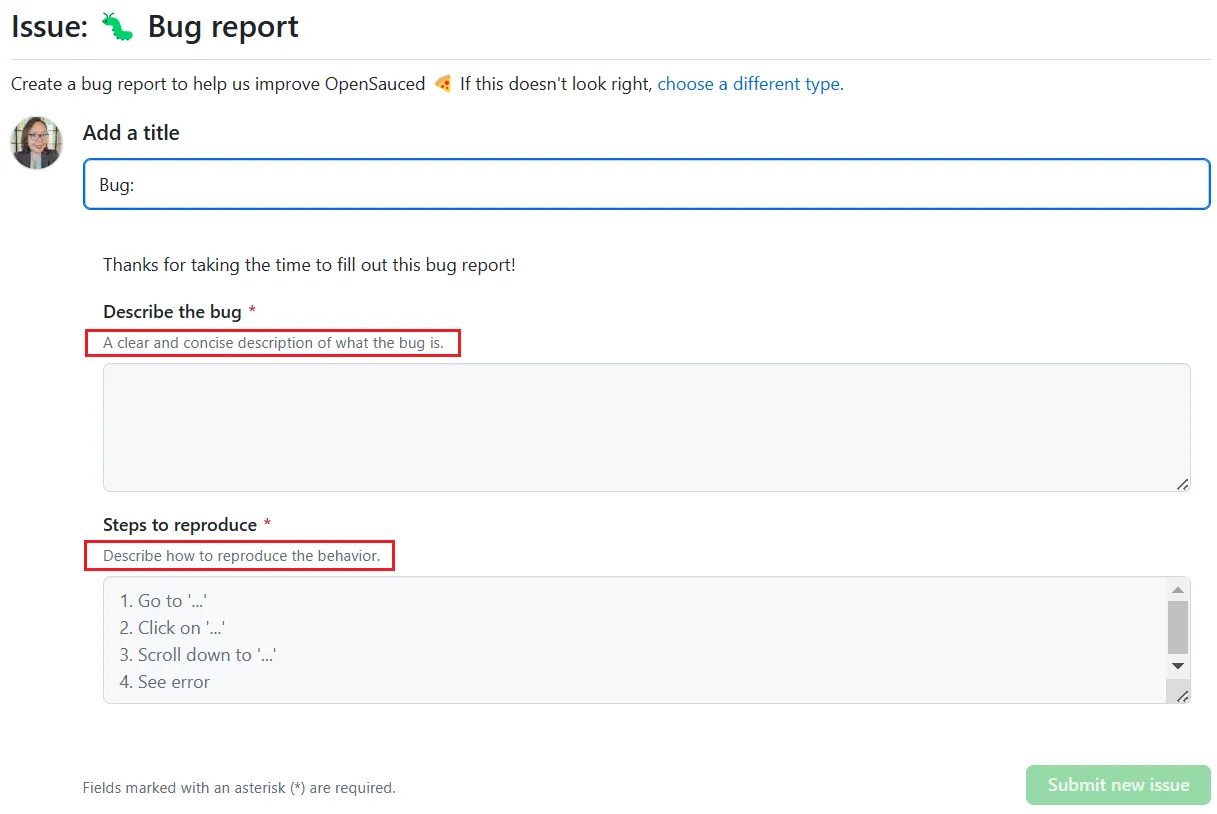 Issue form on GitHub